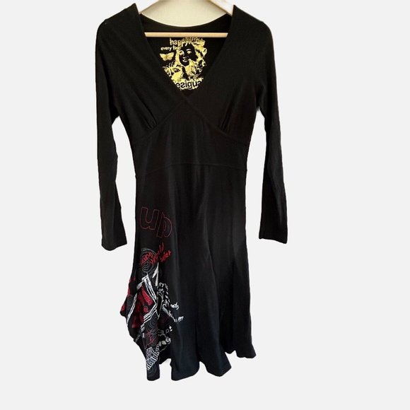 Desigual Dress Size Small Embroidered Happy! Asymmetric Hem Fit Flare y2k - Picture 1 of 9